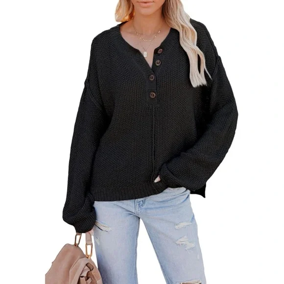 NEW Cable Knit Long Sleeve Button V Neck Pullover Henley Sweater Top Black - Picture 1 of 9